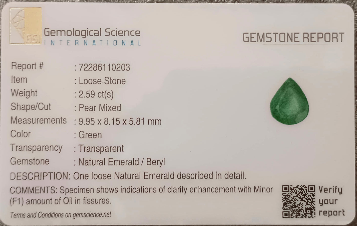 GSI Certified 2.59ct Zambia Emerald , 100% Natural Earth Mined Gemstone