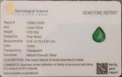 GSI Certified 2.59ct Zambia Emerald , 100% Natural Earth Mined Gemstone