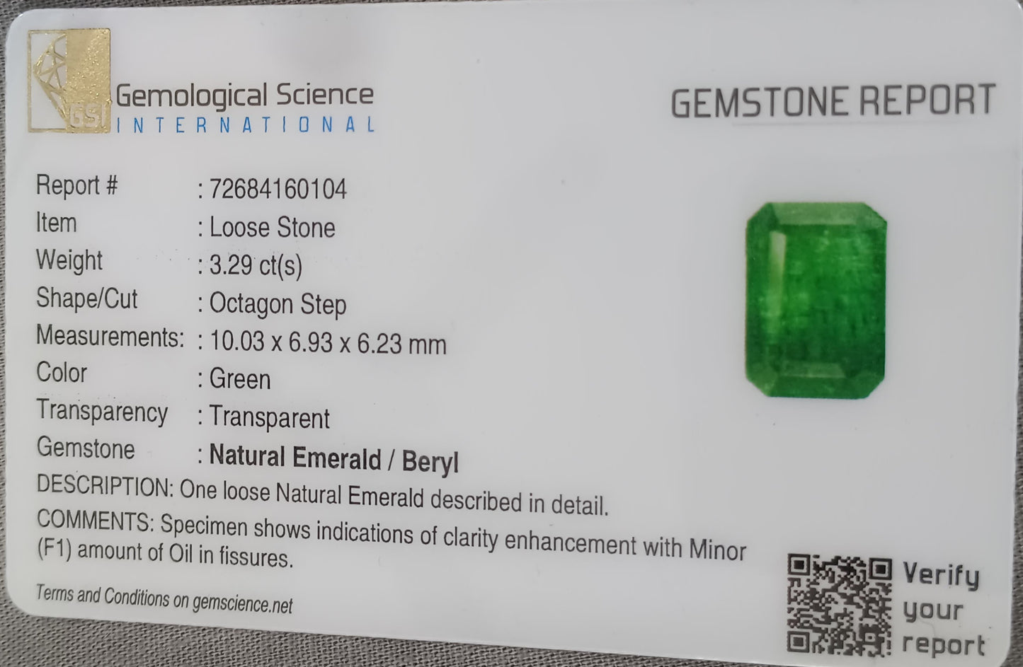 GSI Certified 3.29ct Deep Velvet Green Emerald, Natural Gemstone