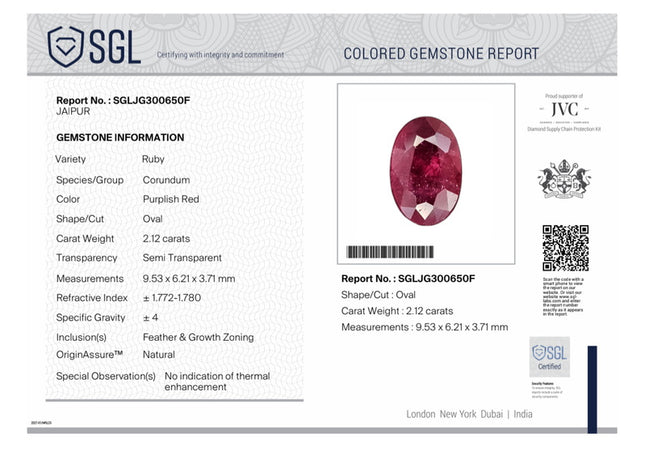 2.12ct Natural Ruby Unheated Mozambique SGL Certified Rasberry Red Oval Cut Loose Gemstone