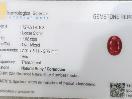 Mozambique Ruby 1.02ct Blood Red Natural untreated Gemstone