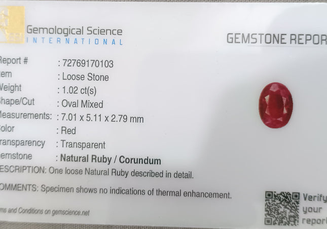 GSI Certified 1.02ct Blood Red Mozambique Ruby, Natural untreated Gemstone