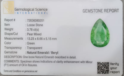 GSI Certified 3.78ct Medium Deep Emerald, Natural Earth Mined Gemstone - SMSGEMS 