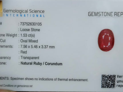 Mozambique Ruby 1.53ct Certified Natural Red Oval Cut Unheated Loose Stone