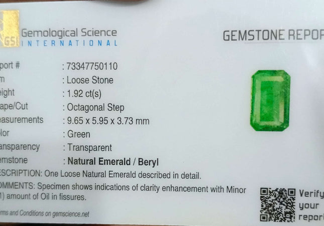 GSI Certified 1.92ct Medium Green Panjshir Emerald Minor Oiled Loose Gemstone
