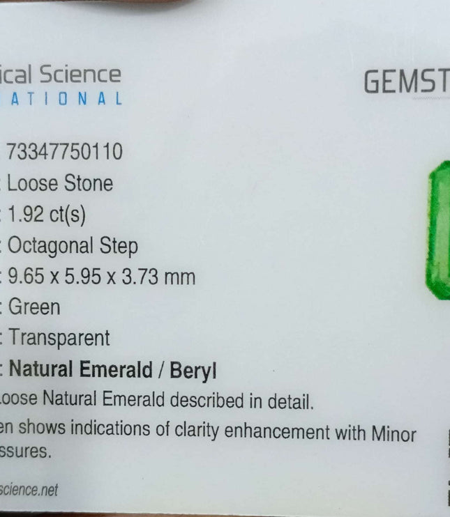 1.92ct Certified Panjshir Emerald, Medium Green Loose Gemstone