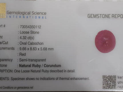 4.32ct Cabochon Cut Certified Natural Red African Ruby Unheated Gemstone