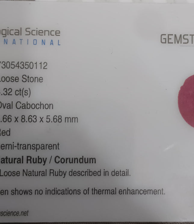 4.32ct Cabochon Cut Certified Natural Red African Ruby Unheated Gemstone