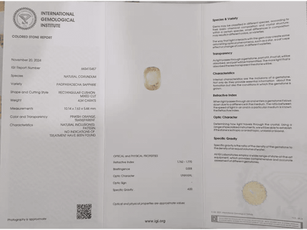 Suberp IGI Certified 4.34ct Padparadscha Sapphire, Natural Untreated Gemstone - SMSGEMS 