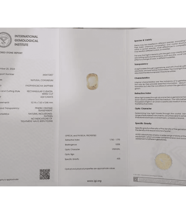 Suberp IGI Certified 4.34ct Padparadscha Sapphire, Natural Untreated Gemstone - SMSGEMS 