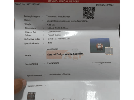 Suberp IGI Certified 4.34ct Padparadscha Sapphire, Natural Untreated Gemstone - SMSGEMS 