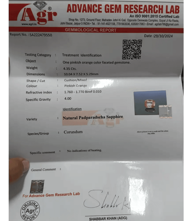 Suberp IGI Certified 4.34ct Padparadscha Sapphire, Natural Untreated Gemstone - SMSGEMS 