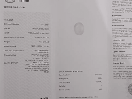 Very Rare Big Size 9.04ct IGI Certified Padparadscha Oval Cut Ceylon Sapphire, Natural Earth Mined untreated Gemstone - SMSGEMS 