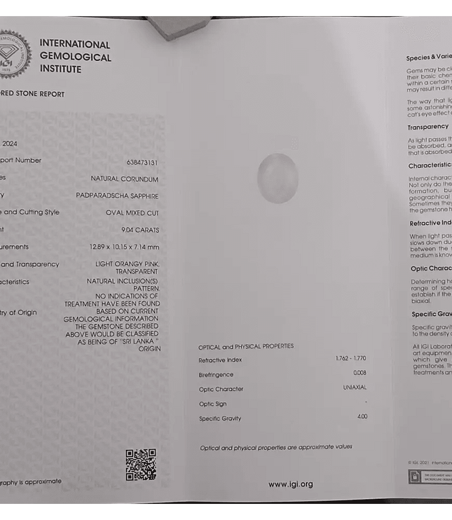 Very Rare Big Size 9.04ct IGI Certified Padparadscha Oval Cut Ceylon Sapphire, Natural Earth Mined untreated Gemstone - SMSGEMS 